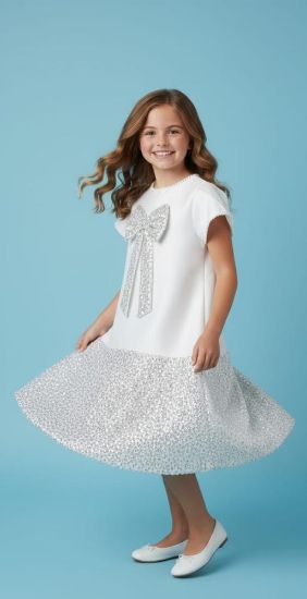 صورة فستان سهرة بيج بفينكة كبيرة على الصدر لؤلؤ على الاكتاف والعنق